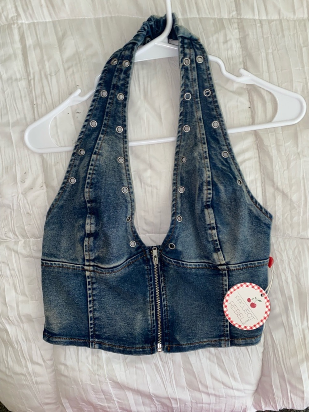 Denim Halter Crop Top with Front Zip